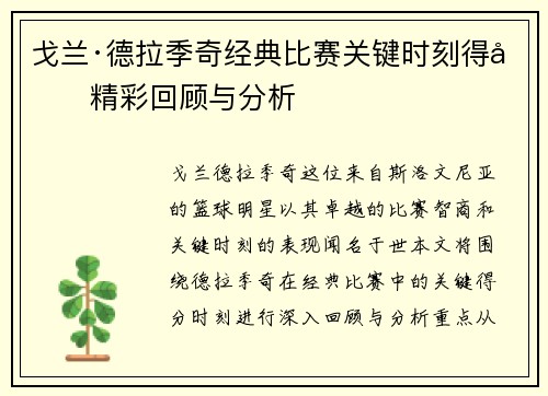 戈兰·德拉季奇经典比赛关键时刻得分精彩回顾与分析