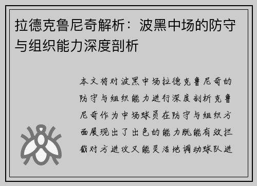 拉德克鲁尼奇解析：波黑中场的防守与组织能力深度剖析